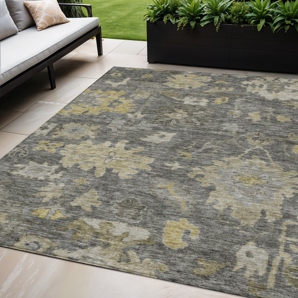 5' X 8' Gray And Charcoal Floral Washable Indoor Outdoor Area Rug