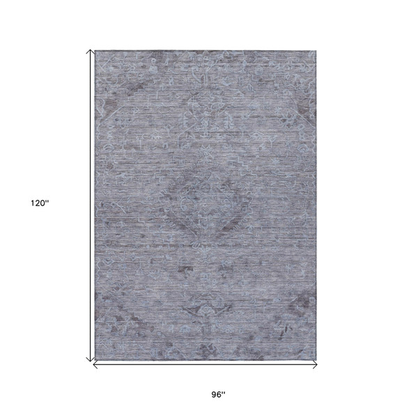 8' X 10' Blue And Gray Floral Washable Indoor Outdoor Area Rug