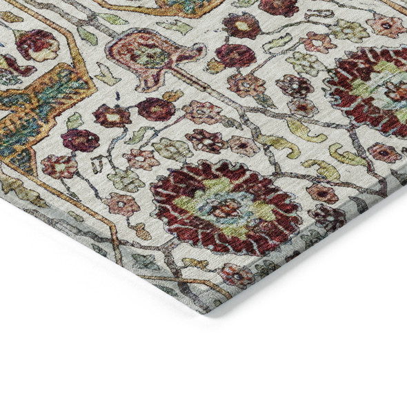 3' X 5' Ivory Red And Green Floral Washable Indoor Outdoor Area Rug