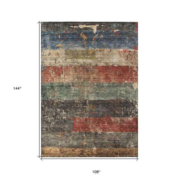 9' X 12' Fern Green Black And Terra Cotta Striped Washable Indoor Outdoor Area Rug