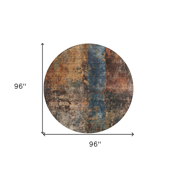 8' Blue Copper And Brown Round Abstract Washable Indoor Outdoor Area Rug