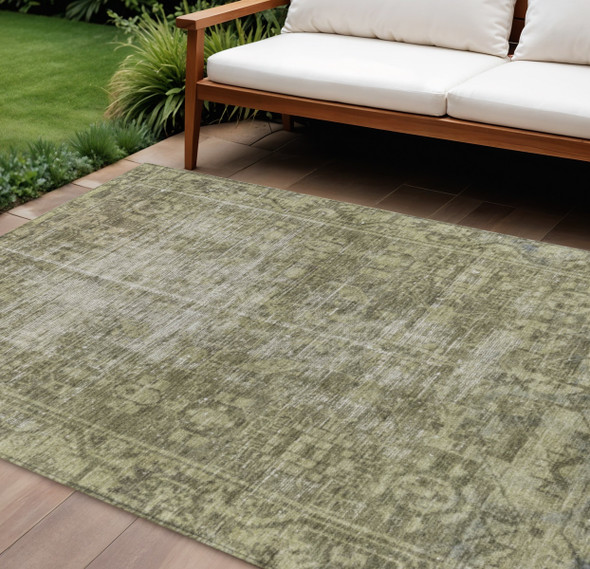 9' X 12' Olive Green Oriental Washable Indoor Outdoor Area Rug