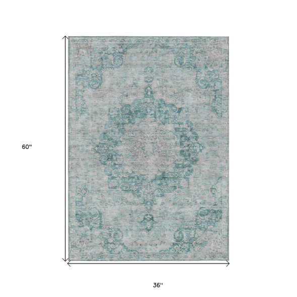 3' X 5' Teal Blue Floral Medallion Washable Indoor Outdoor Area Rug