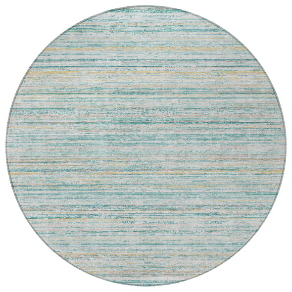 8' Teal Blue Round Striped Washable Indoor Outdoor Area Rug