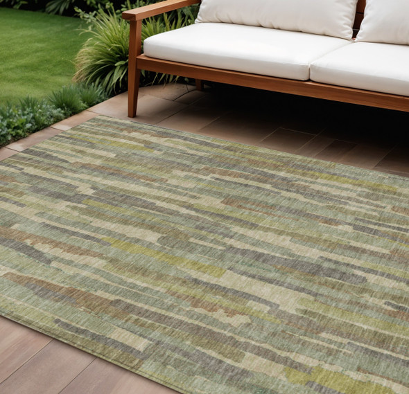 9' X 12' Artichoke Green And Ivory Striped Washable Indoor Outdoor Area Rug