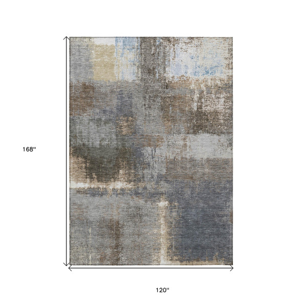 10' X 14' Khaki And Brown Abstract Washable Indoor Outdoor Area Rug