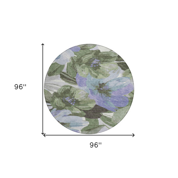 8' Olive Green And Fern Green Round Floral Washable Indoor Outdoor Area Rug