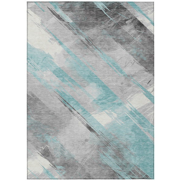 9' X 12' Teal Blue And Gray Striped Washable Indoor Outdoor Area Rug