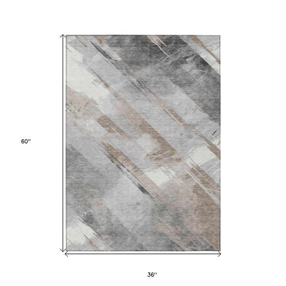 3' X 5' Taupe And Gray Striped Washable Indoor Outdoor Area Rug