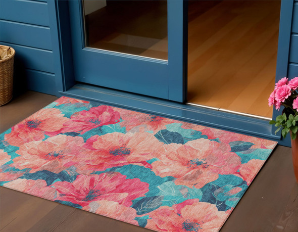 3' X 5' Salmon And Teal Blue Floral Washable Indoor Outdoor Area Rug