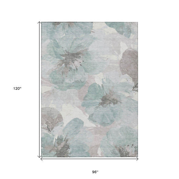 8' X 10' Blue And Sage Floral Washable Indoor Outdoor Area Rug
