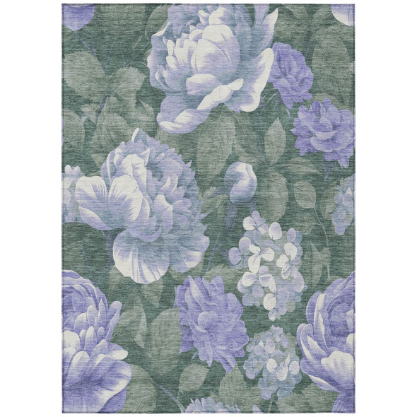 9' X 12' Lavender And Olive Green Floral Washable Indoor Outdoor Area Rug