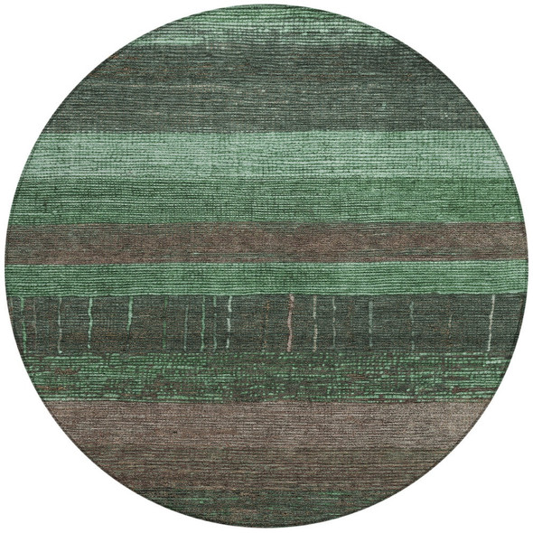 8' Green And Khaki Round Striped Washable Indoor Outdoor Area Rug