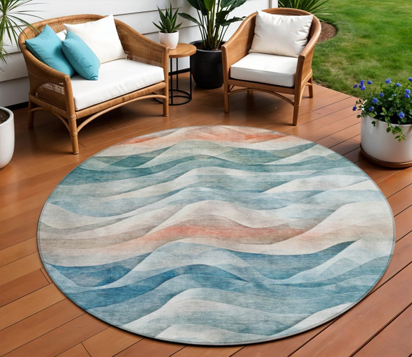 8' Teal Blue And Peach Round Abstract Washable Indoor Outdoor Area Rug