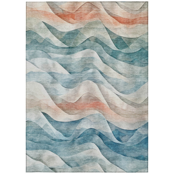 8' X 10' Teal Blue And Peach Abstract Washable Indoor Outdoor Area Rug