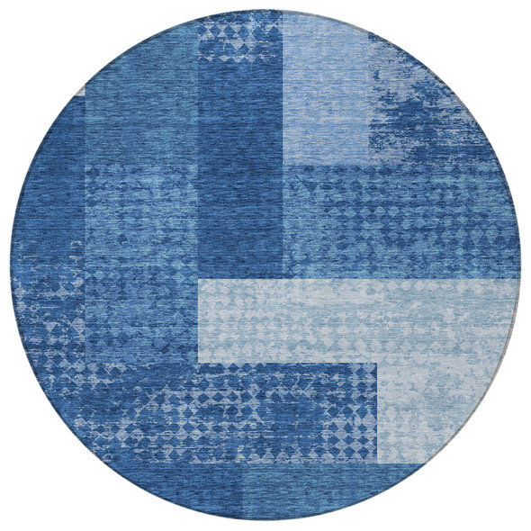 8' Navy Blue And Sky Blue Round Geometric Washable Indoor Outdoor Area Rug