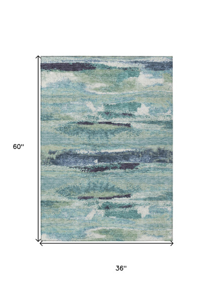 3' X 5' Sage Teal Blue And Navy Blue Abstract Washable Indoor Outdoor Area Rug