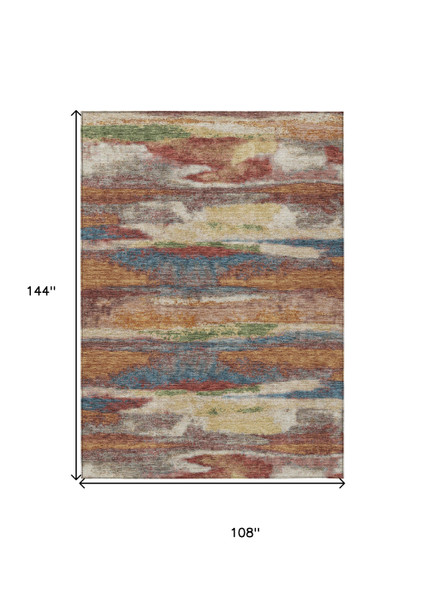 9' X 12' Orange Green And Gold Abstract Washable Indoor Outdoor Area Rug