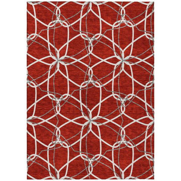 3' X 5' Red And Ivory Geometric Washable Indoor Outdoor Area Rug