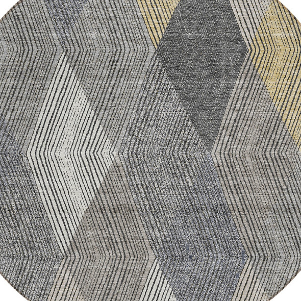 8' Pewter Gray And Gold Round Argyle Washable Indoor Outdoor Area Rug