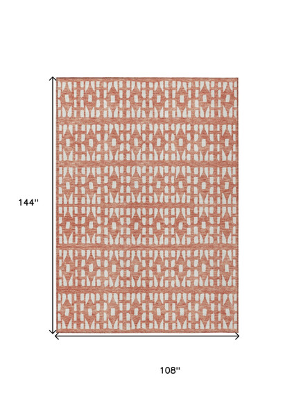 9' X 12' Salmon And Ivory Geometric Washable Indoor Outdoor Area Rug