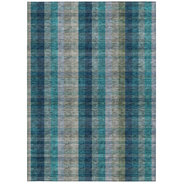 8' X 10' Teal Blue Navy Blue And Olive Green Plaid Washable Indoor Outdoor Area Rug