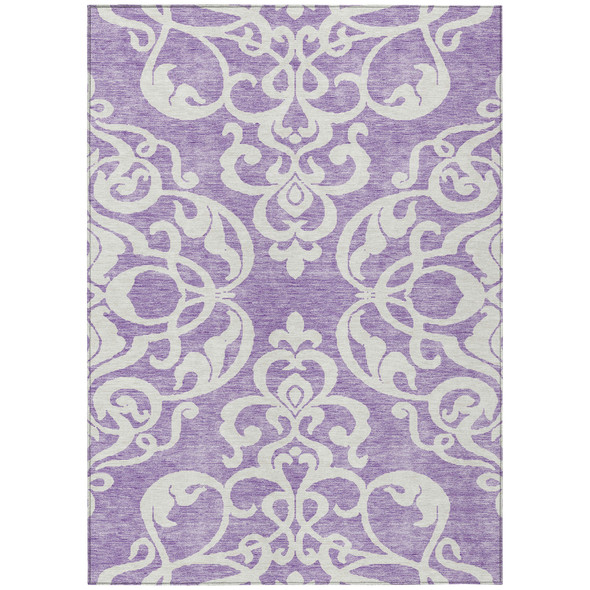 9' X 12' Purple And Ivory Damask Washable Indoor Outdoor Area Rug