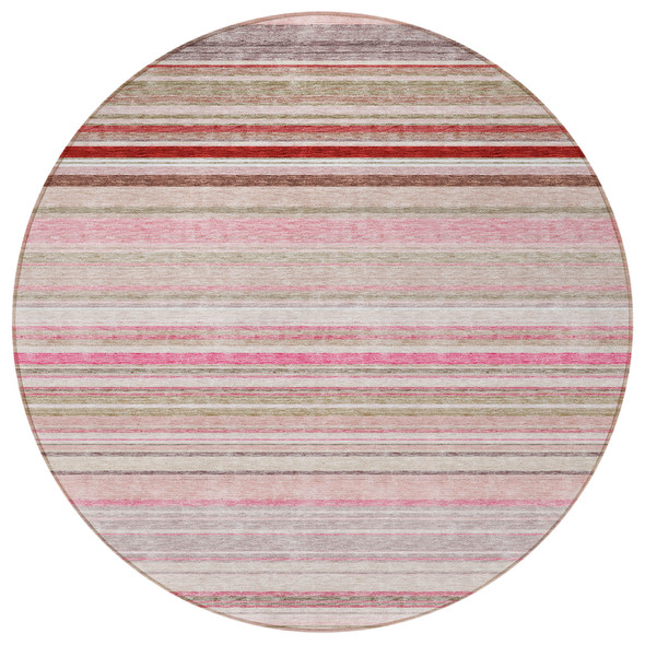 8' Pink Blush And Burgundy Round Striped Washable Indoor Outdoor Area Rug