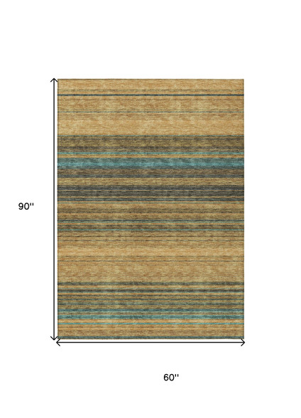 5' X 8' Wheat Brown And Teal Blue Striped Washable Indoor Outdoor Area Rug