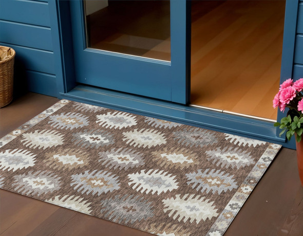 3' X 5' Brown Ivory And Taupe Southwestern Washable Indoor Outdoor Area Rug