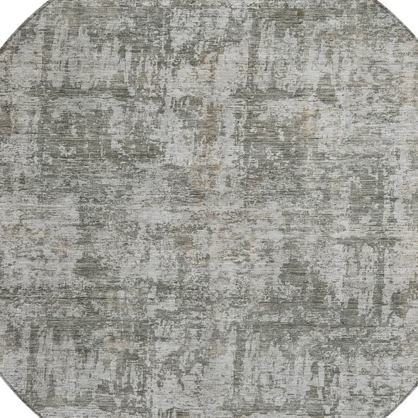 8' Pewter And Ivory Round Abstract Washable Indoor Outdoor Area Rug