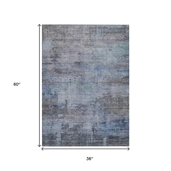 3' X 5' Gray And Blue Abstract Washable Indoor Outdoor Area Rug