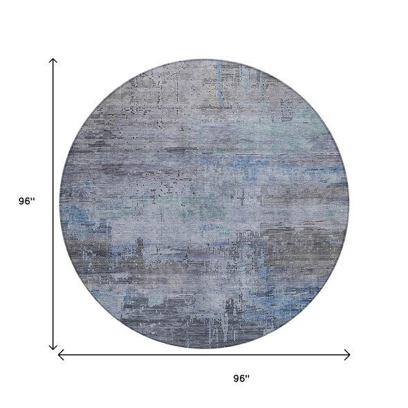 8' Gray And Blue Round Abstract Washable Indoor Outdoor Area Rug