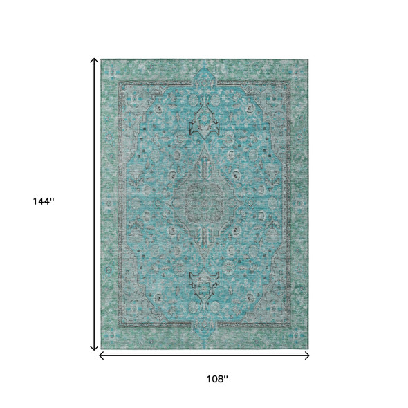 9' X 12' Aqua And Teal Blue Medallion Washable Indoor Outdoor Area Rug