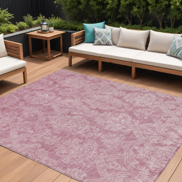 8' X 10' Pink And Ivory Damask Washable Indoor Outdoor Area Rug