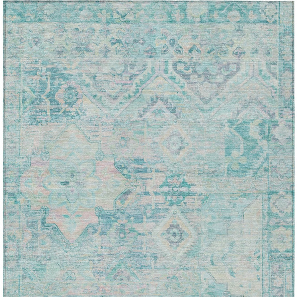 9' X 12' Teal Blue And Pink Floral Medallion Washable Indoor Outdoor Area Rug
