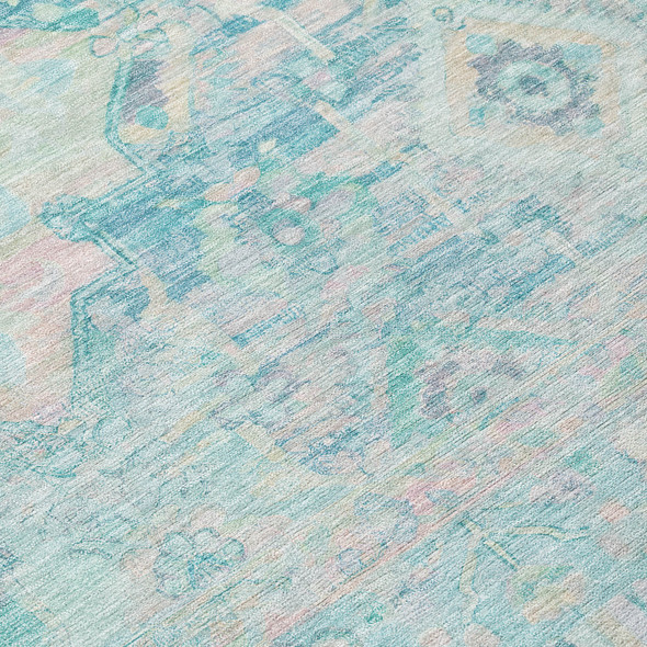 10' X 14' Teal Blue And Pink Floral Medallion Washable Indoor Outdoor Area Rug