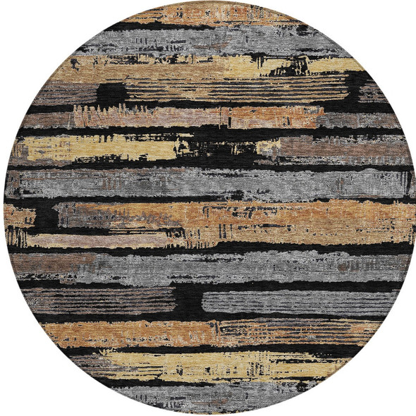 8' Black Gold And Brown Round Striped Washable Indoor Outdoor Area Rug
