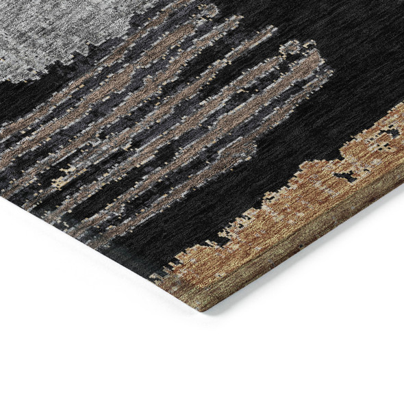 8' X 10' Black Gold And Brown Striped Washable Indoor Outdoor Area Rug