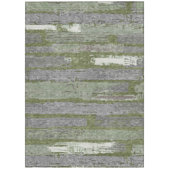 10' X 14' Olive Green Ivory And Blue Striped Washable Indoor Outdoor Area Rug
