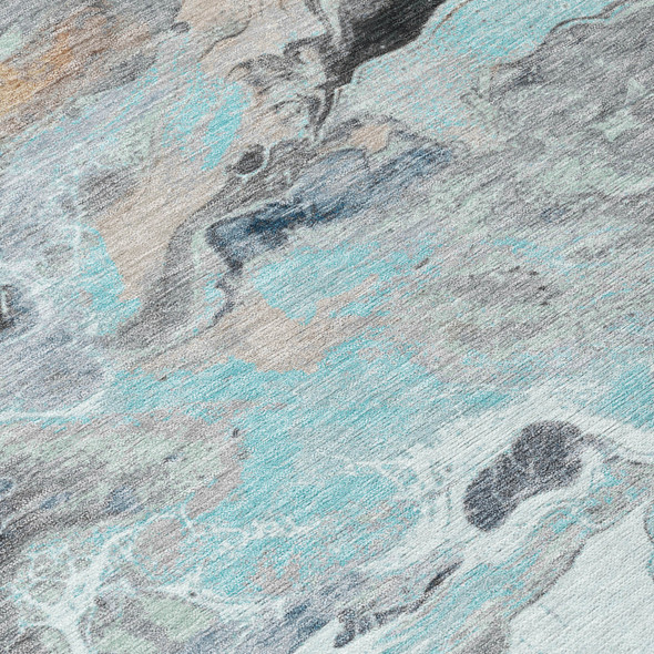 8' X 10' Teal Blue Gold And Gray Abstract Washable Indoor Outdoor Area Rug