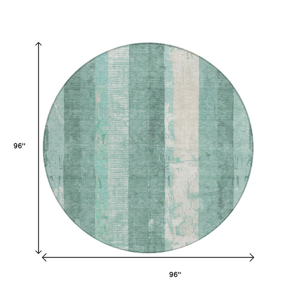 8' Pale Aqua And Teal Blue Round Striped Washable Indoor Outdoor Area Rug