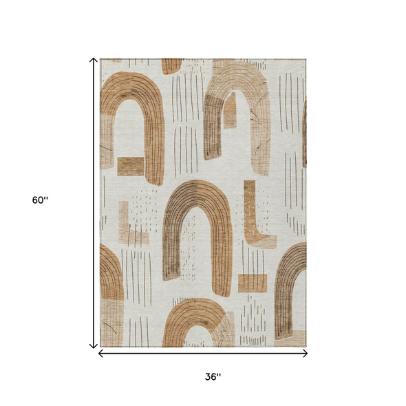 3' X 5' Ivory Khaki And Beige Geometric Washable Indoor Outdoor Area Rug