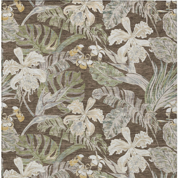 5' X 8' Brown Beige And Olive Green Botanical Leaves Washable Indoor Outdoor Area Rug