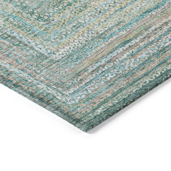 8' X 10' Teal Blue Beige And Ivory Geometric Washable Indoor Outdoor Area Rug