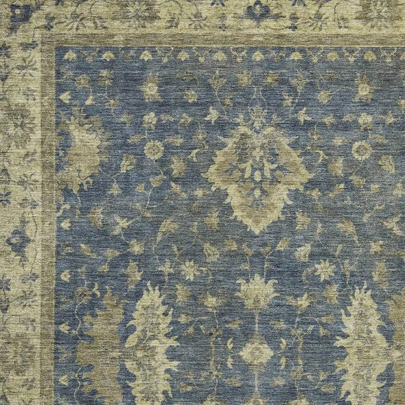 9' X 12' Blue And Green Floral Washable Indoor Outdoor Area Rug
