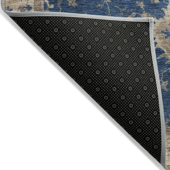 3' X 5' Navy Blue And Beige Floral Washable Indoor Outdoor Area Rug