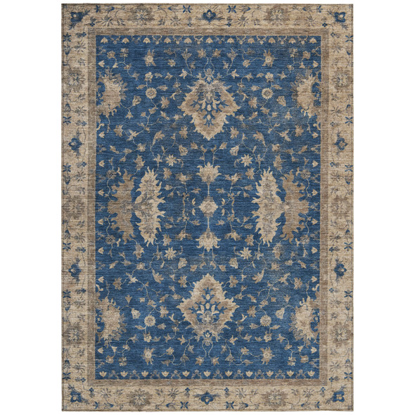 8' X 10' Navy Blue And Beige Floral Washable Indoor Outdoor Area Rug