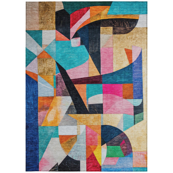 5' X 8' Blue Orange Pink And Yellow Abstract Washable Indoor Outdoor Area Rug