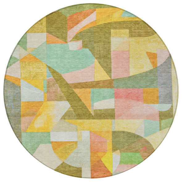8' Wheat Orange Green And Ivory Round Abstract Washable Indoor Outdoor Area Rug